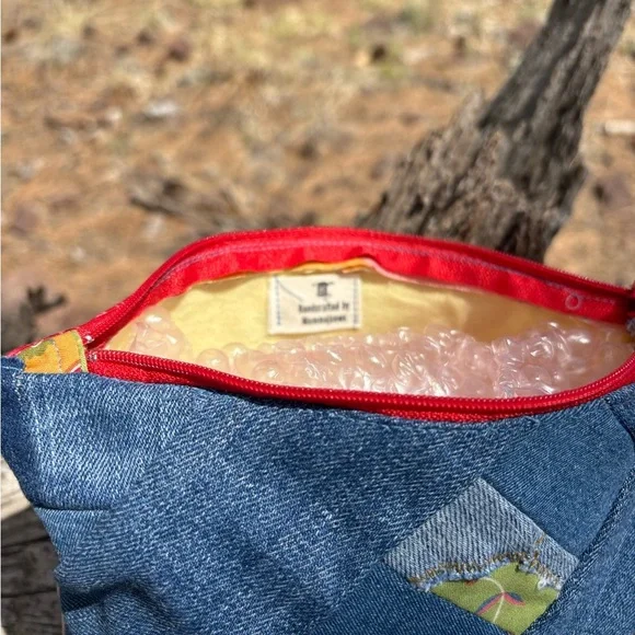 Hand Crafted Red and Pink Cosmetic Bag with Unique Patchwork Design - Picture 9 of 9